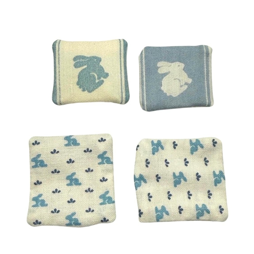 4pc Miniature Dollhouse‎ Pillows Blue White Bunny Rabbit Easter Nursery Decor